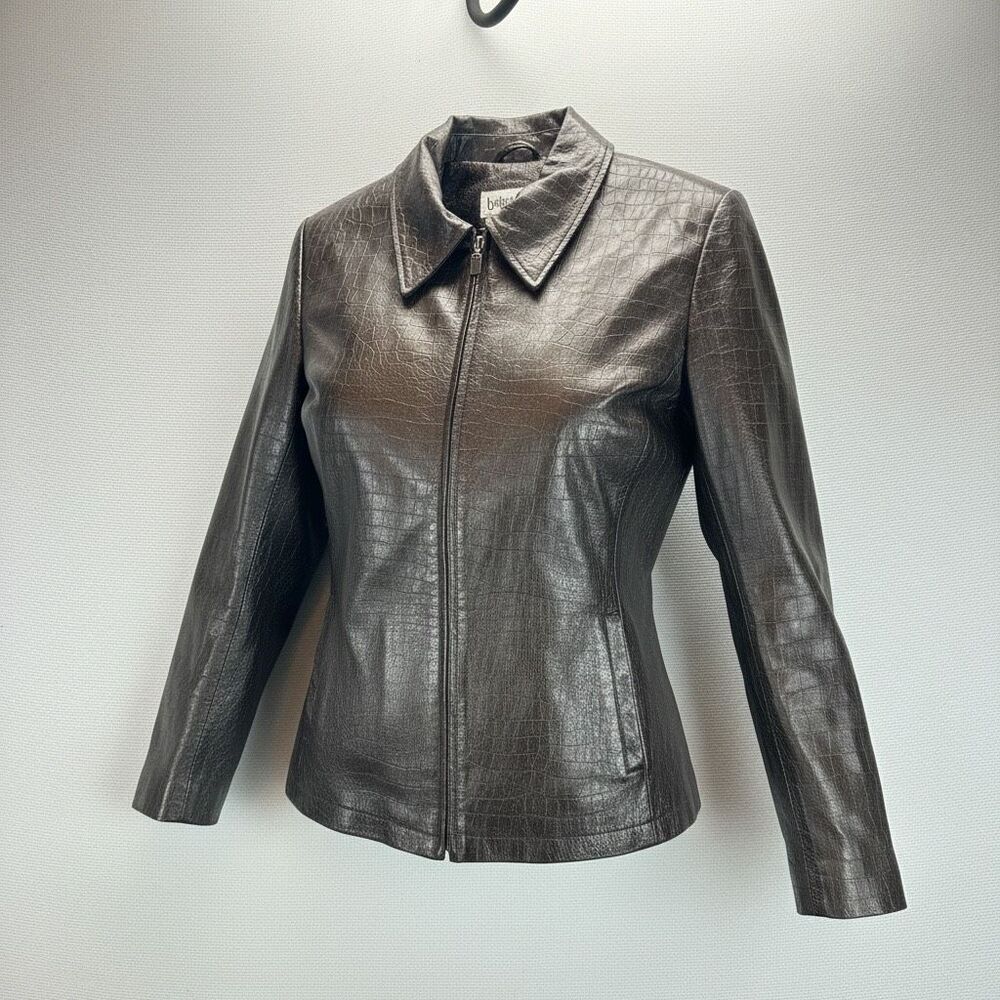 Bagatelle Brown Croc Embossed Leather Jacket M Y2K Zip Up